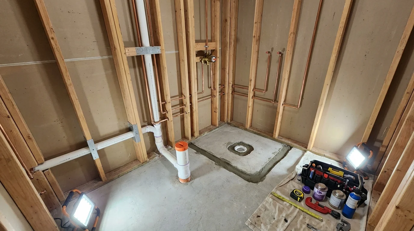 Bathroom rough-in plumbing during remodel by Johns Plumbing LLC in Ellisville
