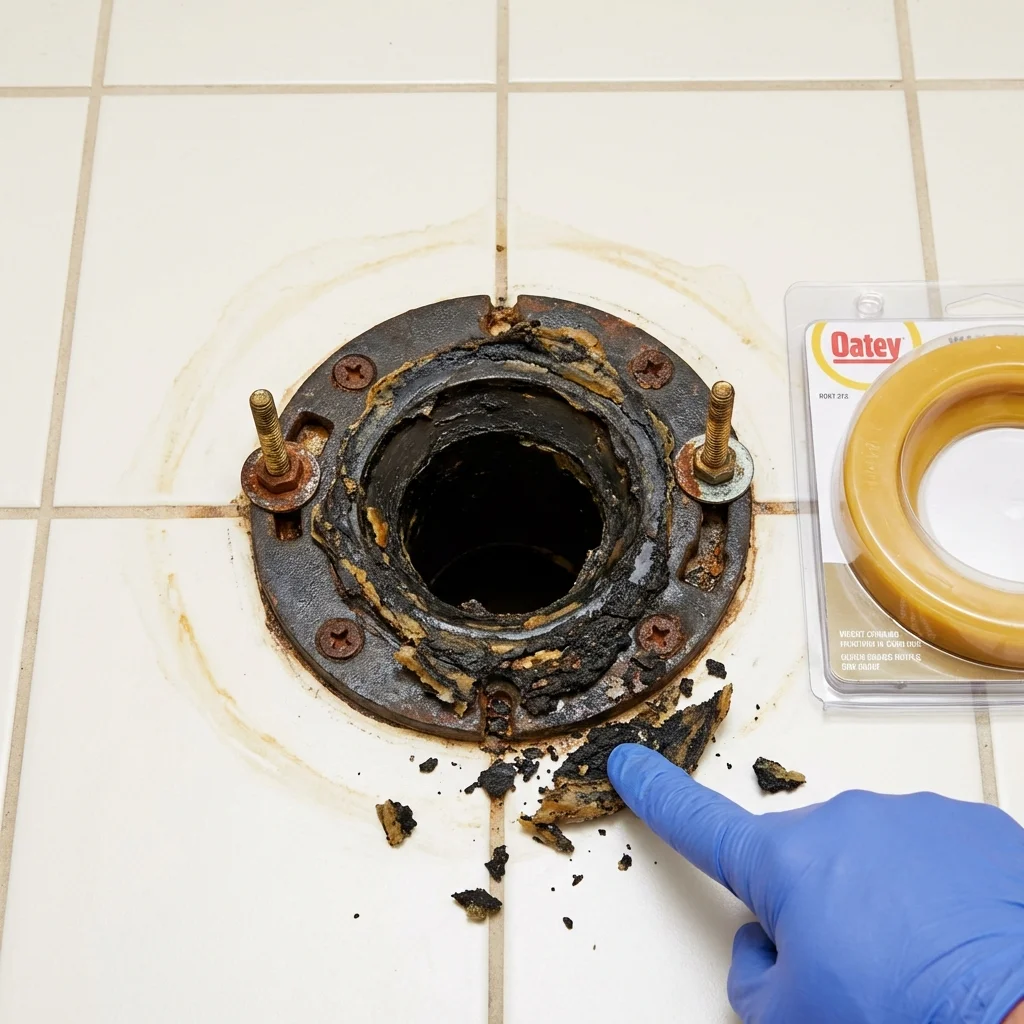Failed wax ring showing water seepage at the base of a toilet in a Ellisville, MS home