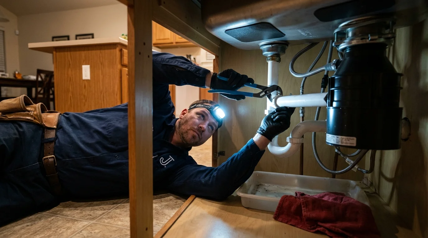 P-trap and supply line connections under a kitchen sink showing a common leak point in Ellisville, MS